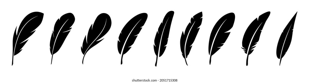 Set of Bird Feather. Feathers vector set in a flat style. Pen icon. Black quill feather silhouette. Plumelet collection isolated on white background