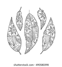 Set of bird feather with ornament inside isolated on white background. Good quality antistress coloring book for adult and children. Editable vector illustration.