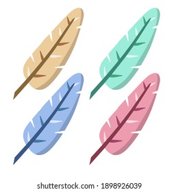 Set of bird feathers. Colored exotic red and blue objects. The element of animal. The subject of vintage writing. Flat cartoon illustration