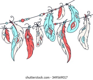 

Set of bird feathers with ethnic pattern. Vector illustration.