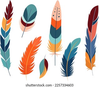 set of bird feathers in flat style, vector