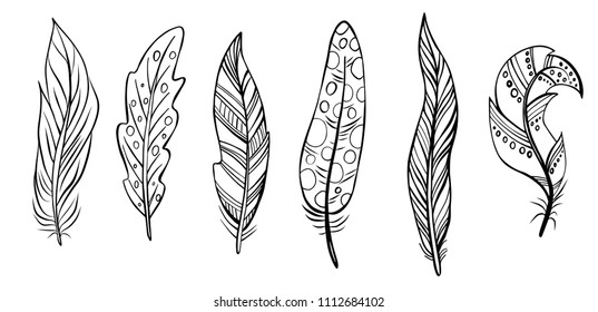 Set of bird feathers isolated on white. Vector. Creative concept for wedding invitations, cards, tickets, congratulations, branding, logo label, emblem.