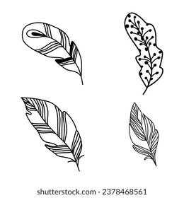 Conjunto de plumas de pájaro aisladas en blanco. Vector. Concepto creativo para invitaciones a bodas, tarjetas, entradas, felicitaciones, marca, etiqueta de logotipo, emblema