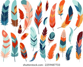 set of bird feathers on white background, vector