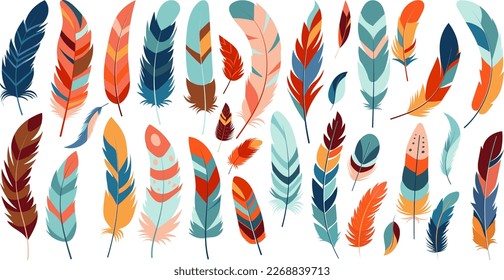 set of bird feathers on white background isolated, vector