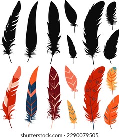 set of bird feathers silhouette, vector