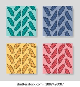 Set of bird feathers. Tribal feathers. Decorative ethnic stylized feather ornamental indian aztec design, colored birds plume curved silhouettes. Abstract background. Vector illustration