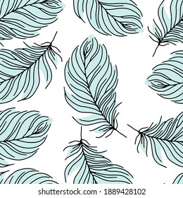 Set of bird feathers. Tribal feathers. Decorative ethnic stylized feather ornamental indian aztec design, colored birds plume curved silhouettes. Abstract background. Vector illustration