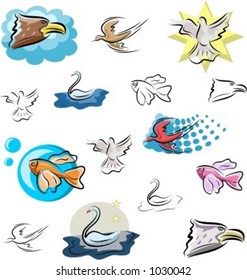 A set of bird and fish vector icons in color, and black and white renderings.