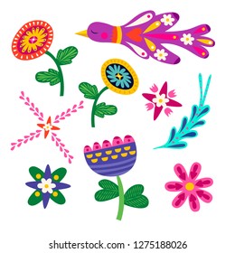 Set of bird and flower doodles