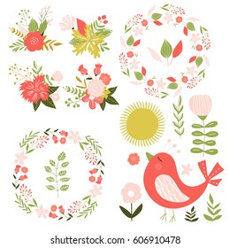 Set with bird, flowers and wreaths. Han drawn illustration. Vector.