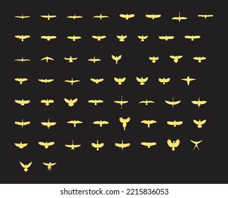 Set Of Bird Flying Silhouettes. Eagle, Falcon, Hawk, Dove, Swallow, Raven, Swift And Others. Vector Illustration Set Icon Bird Line Art Logo Vector Golden