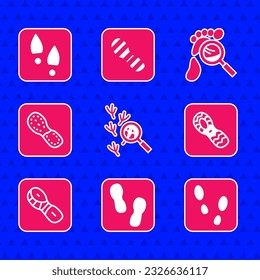 Set Bird footprint, Human footprints shoes, Magnifying glass with footsteps and  icon. Vector