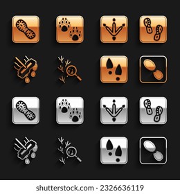 Set Bird footprint, Human footprints shoes, Mop, Chicken paw,  and Paw icon. Vector