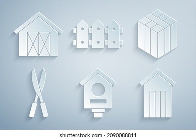 Set Bird house, Bale of hay, Gardening handmade scissors, Wooden outdoor toilet, fence wooden and Farm icon. Vector