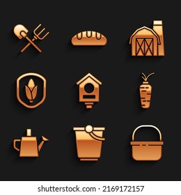 Set Bird house, Bucket, Basket, Carrot, Watering can, Shield corn, Farm and Shovel and rake icon. Vector