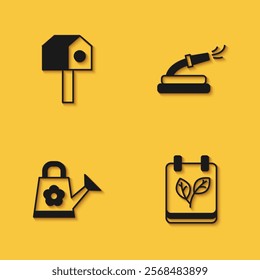 Set Bird house, Calendar with autumn leaves, Watering can and Garden hose icon with long shadow. Vector