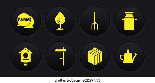 Set Bird house, Can container for milk, Scythe, Bale of hay, Garden pitchfork, Tree, Watering can and Speech bubble with Farm icon. Vector