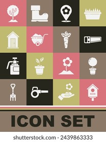 Set Bird house, Flower in pot, Hand saw, Location with flower, Wheelbarrow dirt, Farm, Tree and Carrot icon. Vector