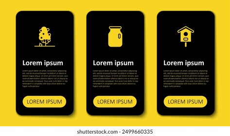 Set Bird house, Glass jar with screw-cap and Fruit tree. Business infographic template. Vector