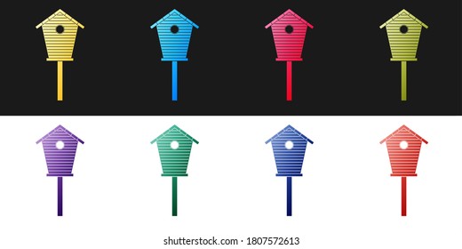 Set Bird house icon isolated on black and white background. Nesting box birdhouse, homemade building for birds. Vector.