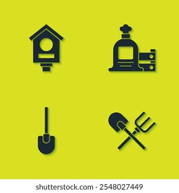 Set Bird house, Shovel and rake,  and Full sack wooden box icon. Vector