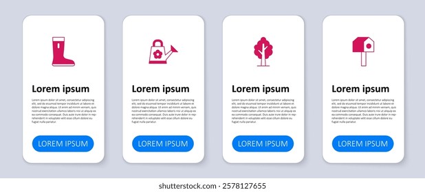 Set Bird house, Tree, Watering can and Waterproof rubber boot. Business infographic template. Vector
