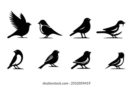 Conjunto de Vector de silueta de icono de pájaro, conjunto de iconos de pájaro blanco y negro.
