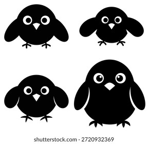 Conjunto de ícones de pássaro. Coleção de vetor de pintinho bonito. Silhueta de pássaro preto conjunto isolado no fundo branco. Pequenos personagens de pássaros. Ilustração vetorial de pássaro de desenho animado.