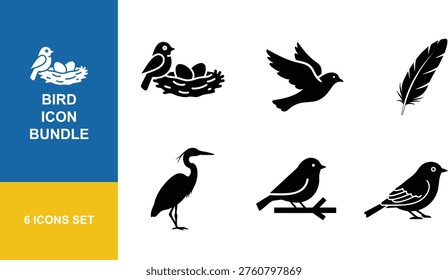Set of bird icons featuring various species, nests, and feathers. Representing nature, wildlife, and avian life.