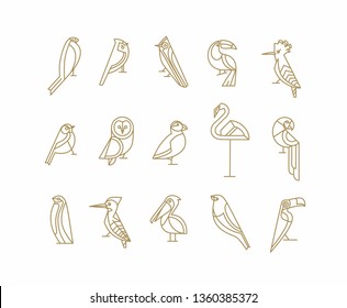 Set Of Bird Icons In Vintage Art Deco Flat Graphic Style Drawing On White Background