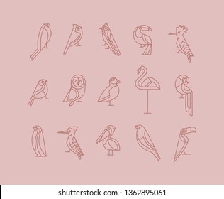 Set of bird icons in vintage art deco flat graphic style drawing on pink background