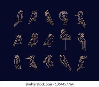 Set Of Bird Icons In Vintage Art Deco Flat Graphic Style Drawing On Blue Background