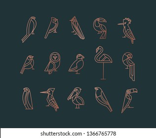 Set Of Bird Icons In Vintage Art Deco Flat Graphic Style Drawing On Green Background