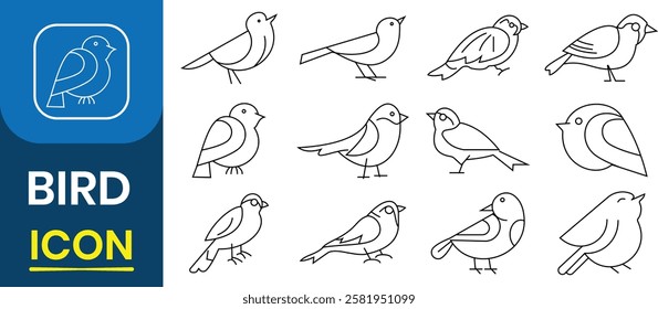 Set of bird line icon. Silhouette of bird icon, vector design for ,app, logo. Geometric animals such as pets, in a zoo, in the wild or for bird watching. Vector illustration.