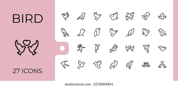 Set of Bird line icons. Featuring duck, sketch, feather, animal, owl, wildlife, pet and more. Minimalistic icon. Editable stroke. Vector illustration.