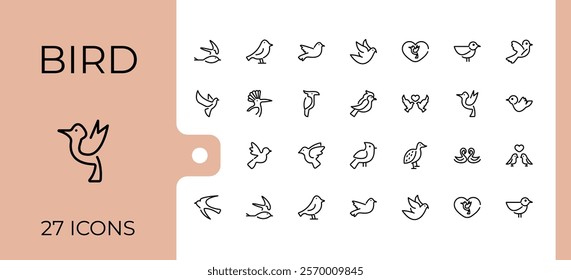 Set of Bird line icons. Featuring duck, sketch, feather, animal, owl, wildlife, pet and more. Minimalistic icon. Editable stroke. Vector illustration.