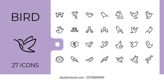 Set of Bird line icons. Featuring duck, sketch, feather, animal, owl, wildlife, pet and more. Minimalistic icon. Editable stroke. Vector illustration.