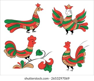 Conjunto de elementos ornamentais de aves em estilo eslavo tradicional. Vetor de pintura Permogor