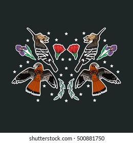 Set of bird patches elements. Set of stickers, pins, patches and handwritten notes collection in cartoon 80s-90s comic style.Vector stikers kit