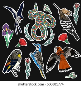 Set of bird patches elements. Set of stickers, pins, patches and handwritten notes collection in cartoon 80s-90s comic style.Vector stikers kit