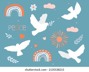 A set with a bird pigeon in flight with an olive branch. Sky, heart, clouds, sun. The concept is against war on earth, for peace. Vector graphics.