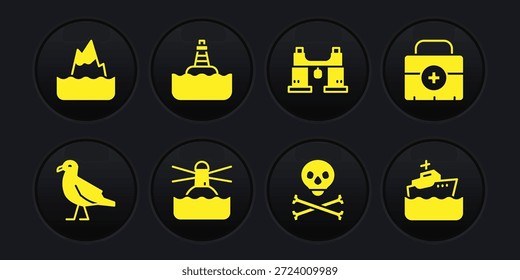 Conjunto de gaviota pájaro, kit de primeros auxilios, faro, cráneo en huesos cruzados, binoculares, boya flotante, crucero e icono de iceberg. Vector