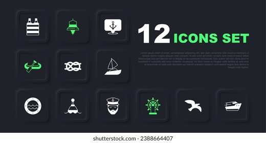 Set Bird seagull, Speedboat, Nautical rope knots, Ship steering wheel, Kayak and paddle, Floating buoy, bell and Captain of ship icon. Vector