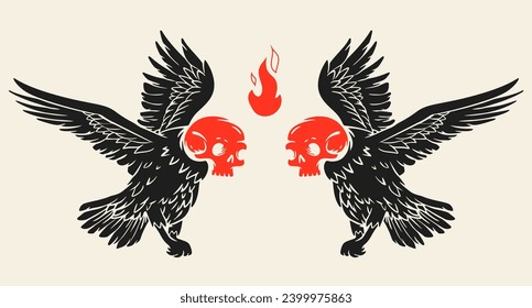 Set bird silhouette with skull human on head. Color concept design for print, tattoo. Vector illustration in vintage style. Cartoon art composition.