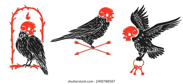 Set bird silhouette with skull human on head. Color concept design for print, tattoo. Vector illustration in vintage style. Cartoon art composition.