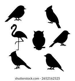 Conjunto de silhuetas de aves, incluindo cardinal, coruja, flamingo e pequenos pássaros. Coleção de vetores para temas da natureza, ícones da vida selvagem ou ilustrações educacionais