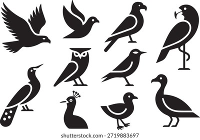Satz von Vogelsilhouetten, einzeln auf weißem Hintergrund, perfekt für Wildtiere, Natur, Ornithologie und Illustrationsprojekte.