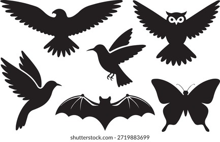 Satz von Vogelsilhouetten, einzeln auf weißem Hintergrund, perfekt für Wildtiere, Natur, Ornithologie und Illustrationsprojekte.
