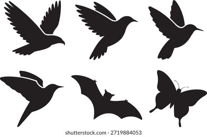 Satz von Vogelsilhouetten, einzeln auf weißem Hintergrund, perfekt für Wildtiere, Natur, Ornithologie und Illustrationsprojekte.